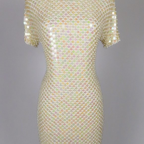 Vintage 80s Pearl Heavily Beaded Cocktail Party Prom Trophy Sheath Dress  S M - Picture 6 of 16